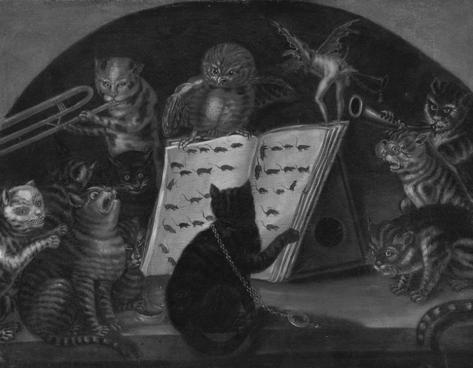 Cats being instructed in the art of mouse-catching(or music) by an Owl,ca. 1700, Unidentified artist of the Lombard School.
